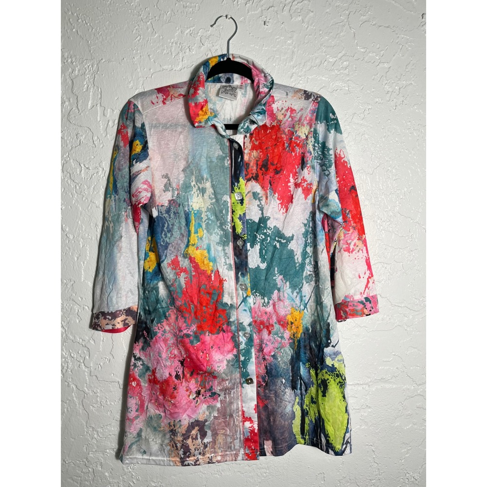 Parsley & Sage Women's M Abstract Art Print Tunic Top Wired Collar 3/4 Sleeve